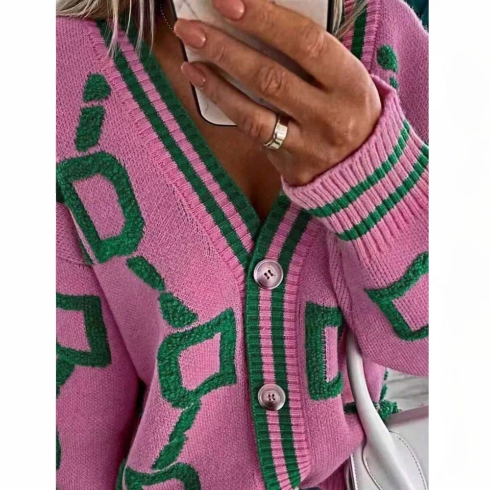Pink Knit Cardigan Green Terrycloth Pattern Button Down - Picture 3 of 6